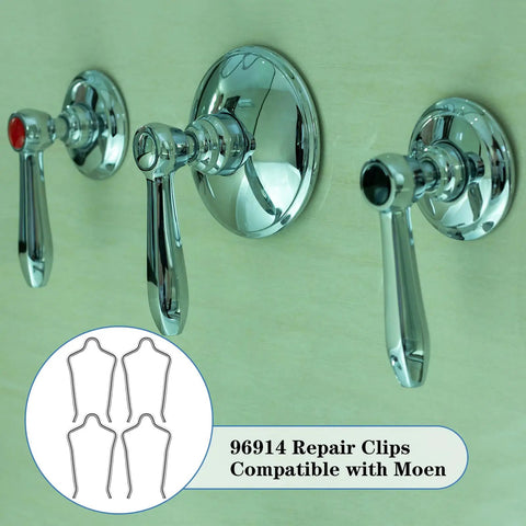 Wall-mounted chrome faucets with 4 Pack Stainless Steel Faucet Retainer Clips For 1222 Compatibility shown in diagram.