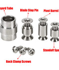 Heavy Duty Titanium Screw Pivot Upgrade Kit With Lanyard Tube Standoff Spacer And Blade Stop Hardware including lanyard tube, pivot barrel, and screws.