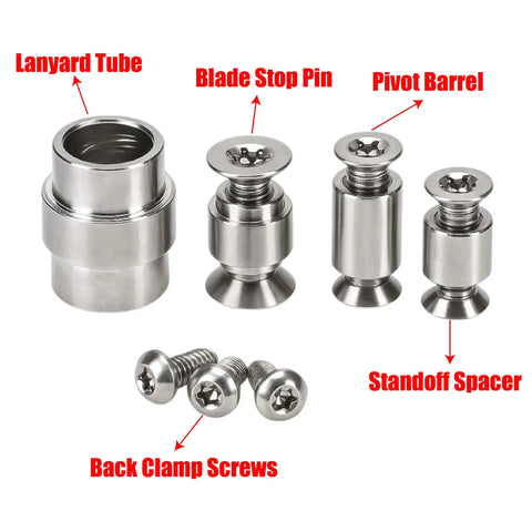 Heavy Duty Titanium Screw Pivot Upgrade Kit With Lanyard Tube Standoff Spacer And Blade Stop Hardware including lanyard tube, pivot barrel, and screws.