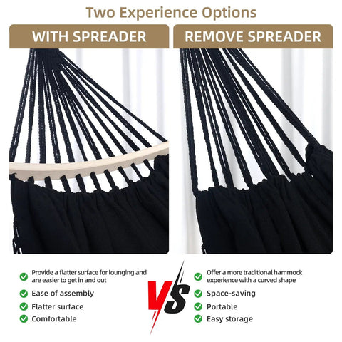 Ultra Sturdy Double Hammock With 550 Pound Capacity, 320GSM Canvas, showing spreader bar options, black.