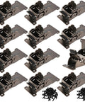 Heavy Duty 12 Pack Foldable Support Brackets With Smooth Triple Groove Self Locking Design Rock Solid Cold Rolled Steel Construction Built Tough For Wall Shelves Tables And DIY Workbenches Supporting Up To Five Hundred Pounds, displayed in a group with screws.