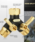 Heavy Duty Garden Hose Splitter 2 Way With Metal Body And Aluminum Build TPR Coated For Tough Outdoor Use UV Resistant Water Splitter No Fuss Easy Install Built To Last For Lawn And Garden Tasks, brass swivel connectors
