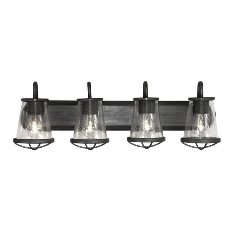 Darby 4 Light Bathroom Vanity Light Fixture 30 Inch Weathered Iron Finish Wall Mount Vanity Sconce with clear seedy glass shades