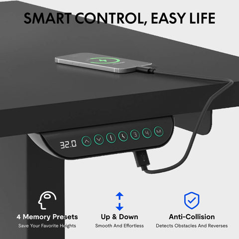 Rock Solid L Shaped Electric Standing Desk Triple Motor Height Adjustable Corner Workstation Sixty Three Inch Heavy Duty Sit Stand Home Office Desktop Smooth Operator For Multi Monitor Displays Black control panel showing height display and memory presets.