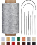 218 Yards Top Shelf Waxed Leather Thread With Heavy Duty Sewing Needles For Serious DIY Crafts And Leather Repair That Is Totally Waterproof And Tough As Nails For Your Next Project, featuring gray thread and nine steel needles.