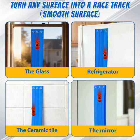 Epic 20 Ft Flexible Race Track Set For Kids With 3 Lane Ramp 6 Race Cars Suction Cups on smooth surfaces like glass, fridge, tiles.