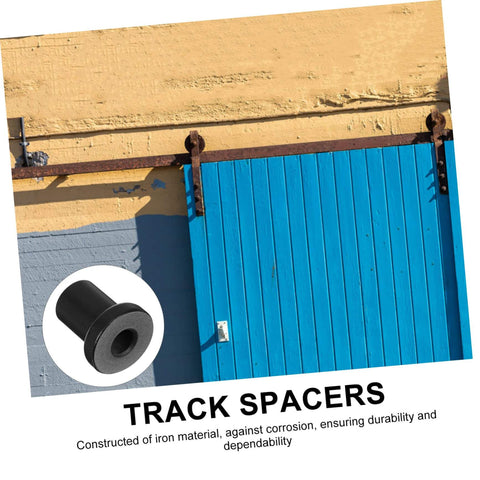 4 Pack Sliding Barn Door Track Spacers Set For Wall And Rail Connectors Easy Install Hardware, iron spacer close-up with blue barn door