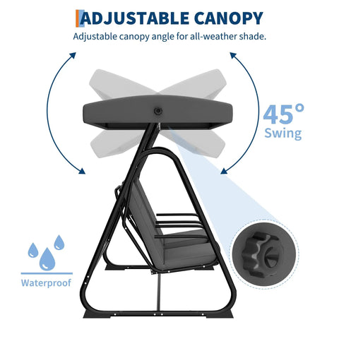 Side view of Two Person Outdoor Porch Swing Chair with Adjustable Canopy showing waterproof feature and 45-degree swing.