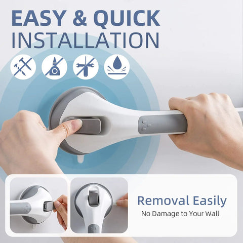 Smooth Operator Suction Shower Grab Bars For Bathtub Safety 2 Pack Strong Grip Handles No Drill Quick Install For Elderly Non Slip Bathroom Handrails Stays Firm Gray 16.8 Inch displayed with hand demonstrating easy installation.