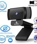 Solid 1080p Autofocus Webcam With Built In Mic For Laptop And Desktop, features privacy cover and USB plug for video calls.