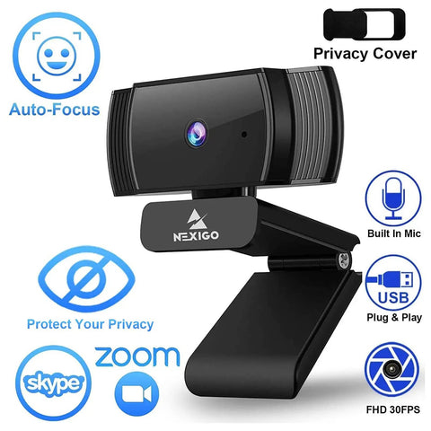 Solid 1080p Autofocus Webcam With Built In Mic For Laptop And Desktop, features privacy cover and USB plug for video calls.