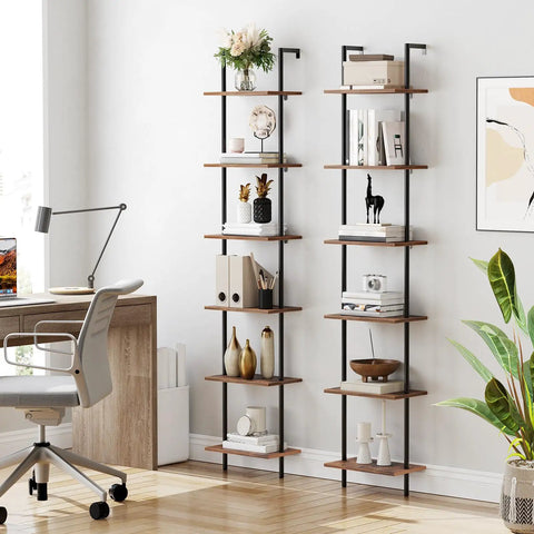 Top Tier 6 Tier Ladder Shelf Wall Mounted Wooden Bookcase Rustic Brown Black Storage Rack Plant Display Stand Killer Quality Game Changer Space Saver For Living Room Or Bedroom