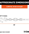 Diagram of 48 Inch Trailer Safety Chain With Three Eighths Inch S Hooks, showing 2000 lb break strength, by CURT.