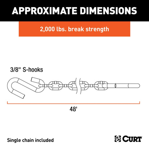 Diagram of 48 Inch Trailer Safety Chain With Three Eighths Inch S Hooks, showing 2000 lb break strength, by CURT.