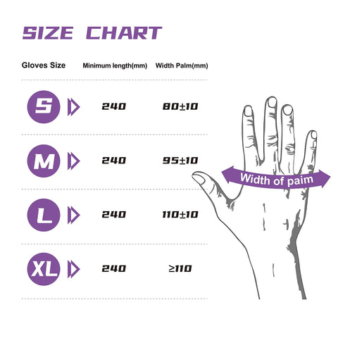 Size chart for Blue Nitrile Disposable Gloves Large Size No Latex No Powder Safe Working Gloves, showing palm width and length.