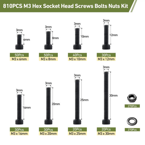 810Pcs M3 Hex Socket Head Screws Set With Nuts And Washers, Heavy Duty Black Oxide 12.9 Grade Alloy Steel, M3 x 6-30mm dimensions