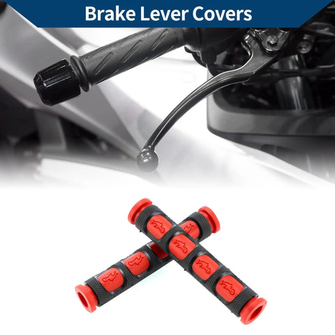 Red Universal Motorcycle Brake Lever Cover Non Slip Rubber Grip Sleeve shown on motorcycle and separately, 3/8 inch size