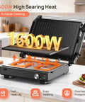 Svuineek 14 Inch Electric Indoor Grill With Panini Press Functionality 1600W Power showcasing high searing heat and removable pans.