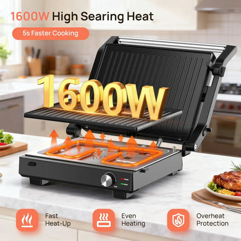 Svuineek 14 Inch Electric Indoor Grill With Panini Press Functionality 1600W Power showcasing high searing heat and removable pans.