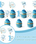 Blue Hot Air Balloon Cupcake Toppers 24 Pack with four pattern set, double-sided cardstock, ideal for first birthday and baby shower.