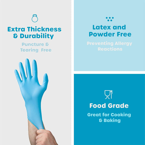 Person wearing Blue Disposable Vinyl Gloves 100 Count Powder Free And Latex Free Comfy Flexible Fit For Cleaning Food Prep
