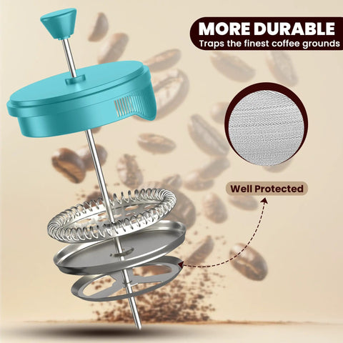 French Press Espresso And Tea Maker With Triple Filters Stainless Steel Plunger And Heat Resistant Borosilicate Glass Carafe In Aqua 34 Ounce showing filter parts and design.