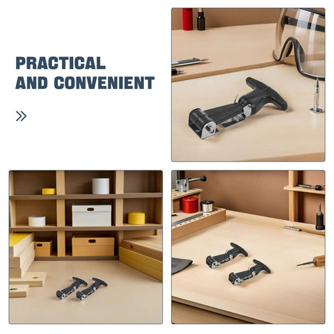 Two Pack Stainless Steel Rubber T Handle Draw Latch for tool box and cabinet hardware displayed on workshop table