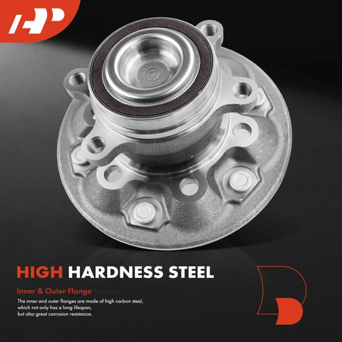 Front Wheel Bearing And Hub Assembly For Six Lug Chevrolet Colorado 2009 2012 And GMC Canyon 2009 2012 RWD Only High Load Roller Bearing For Axial And Radial Load Support, side view showing steel flanges.