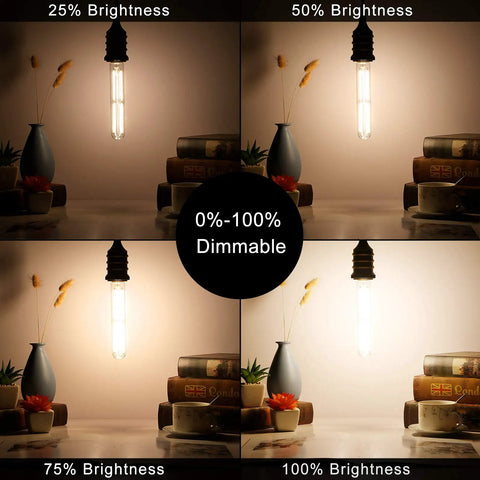 Dimmable E26 LED Bulb 6W Equal 60W at four brightness levels demonstrating retro Edison style and warm white light.