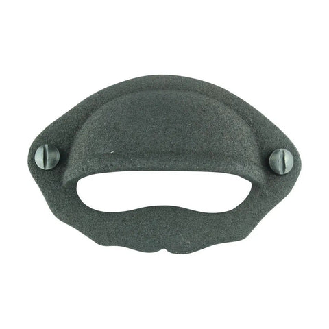 Badass Wrought Iron Cup Bin Pull Featuring Rock Solid Construction With Durable Rust Resistant Matte Black Finish Heavy Duty Kitchen Cabinet Knobs And Drawer Hardware Five Pack - close-up view, textured finish.