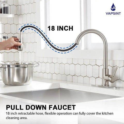 Kick Up Your Kitchen Vibes With This Top Tier Stainless Steel Faucet Boasting A Smooth Pull Down Sprayer That Delivers Zero Drip Action And Hassle Free Spray Modes Straight To Your Sink Setup, showcasing an 18 inch retractable hose.