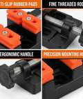 Compact Mini Bench Vise Featuring Smooth Parallel Jaw Clamping For Precision Watch Repair Sculpture Diy Carving And Home Shop Projects Built Different Heavy Duty, showing anti-slip rubber pads and ergonomic handle.