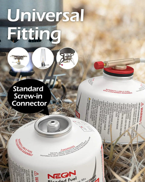 Isobutane Camping Fuel Canisters 100g each showing universal fitting and standard screw-in connector, 2 pack for camp stoves