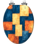 Elongated Toilet Seat for Bathroom with multicolored geometric design, measuring 14.5" x 18.5" and featuring chrome hinges.