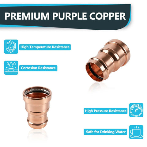 5 Pack Press Fit Copper XL Coupling Reducer Set, 4 Inch By 2 Inch Heavy Duty Plumbing Pipe Connectors, premium purple copper design.