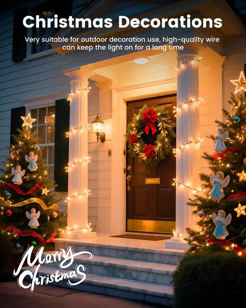 Clear Christmas String Lights 100 Count On Green Wire 20 Feet Incandescent Mini Bulbs Ideal For Indoor Xmas Tree Garland Party Decor Birthday Wedding Festival Lighting End To End Connectable adorning a house entrance with festive trees.