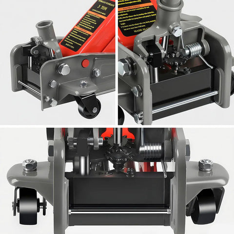 Heavy Duty 3 Ton Hydraulic Floor Jack Red 6600 Lbs Capacity Fast Lift showing detailed mechanics and features from multiple angles.