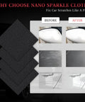 Nano Sparkle Car Scratch Remover Cloth Kit 4-Pack with Repair Gel for dings and scratches, showing before and after results