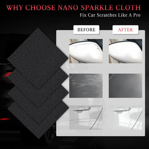 Nano Sparkle Car Scratch Remover Cloth Kit 4-Pack with Repair Gel for dings and scratches, showing before and after results