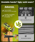 Comparison of Sakorneo welder features with competitor product, highlighting ease of use and compatibility in a visual chart.