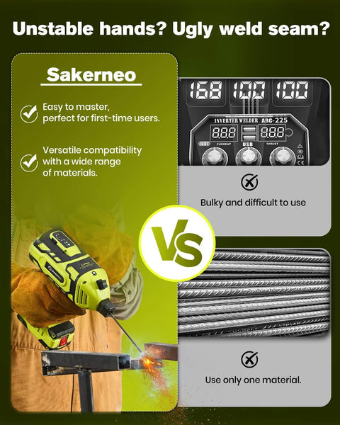 Comparison of Sakorneo welder features with competitor product, highlighting ease of use and compatibility in a visual chart.