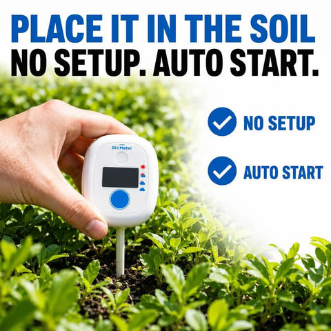 Smart Sunlight Meter For Gardens And Landscapes That Classifies Daily Light Integral To Identify Full Sun Partial Sun Partial Shade And Shade With A 10 Day DLI History And Clear Digital Display, white digital meter in soil