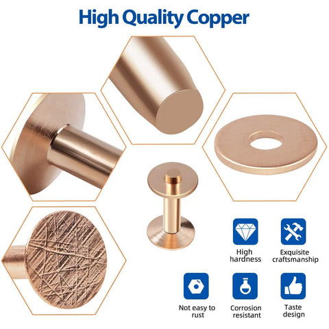 Copper Rivets And Burrs Leather Working Kit With 80 Pieces 4mm Copper Shank and 2 In 1 Setter, high-quality copper details.