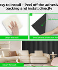 Installation steps for Beefy 5 Pack Self Adhesive Sound Proof Foam Panels For Walls, showing cleaning and peel-and-stick application.