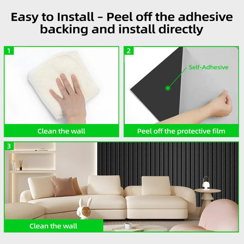 Installation steps for Beefy 5 Pack Self Adhesive Sound Proof Foam Panels For Walls, showing cleaning and peel-and-stick application.