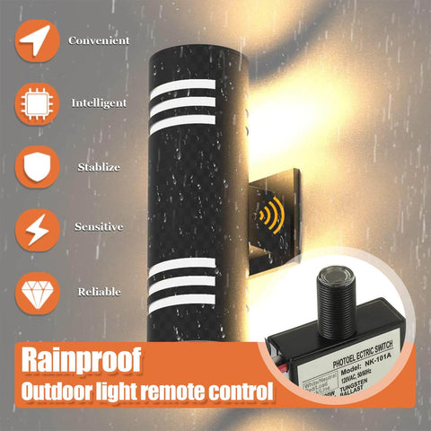 2 Pack Dusk To Dawn Photocell Light Sensor Switch For Outdoor Lighting 105V130V AC shown with rainproof remote control feature