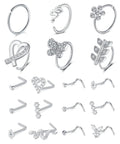 Rose Gold 20G Nose Rings For Women And Men Stainless Steel Nose Ring Hoops Studs Flower Heart Diamond L Shaped Nose Studs Nostril Piercing Jewelry Style V, assorted silver designs