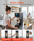 Commercial Auto Can Sealer Machine With One Touch Operation Works Like A Charm To Secure Aluminum Cans Airtight Lock In Crisp Taste And Keep Drinks Ice Cold Solid Heavy Duty Workhorse Unit in use with can being placed.