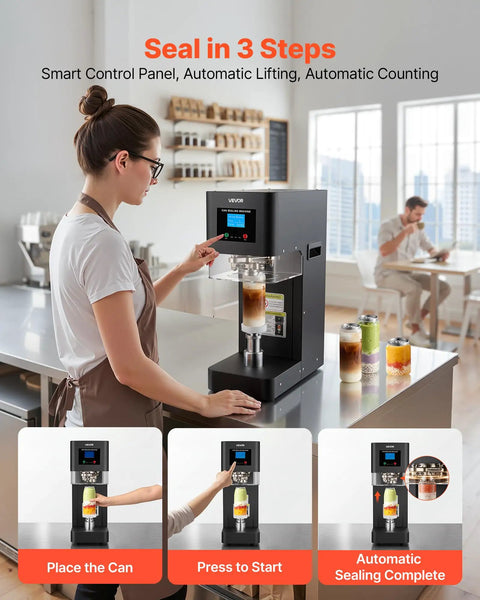 Commercial Auto Can Sealer Machine With One Touch Operation Works Like A Charm To Secure Aluminum Cans Airtight Lock In Crisp Taste And Keep Drinks Ice Cold Solid Heavy Duty Workhorse Unit in use with can being placed.