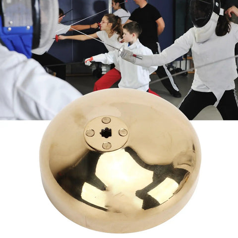 Fencing Epee Hand Protector Guard Pro-Grade Aluminum Alloy Construction With Gold Finish, 40-50cm, close-up on table